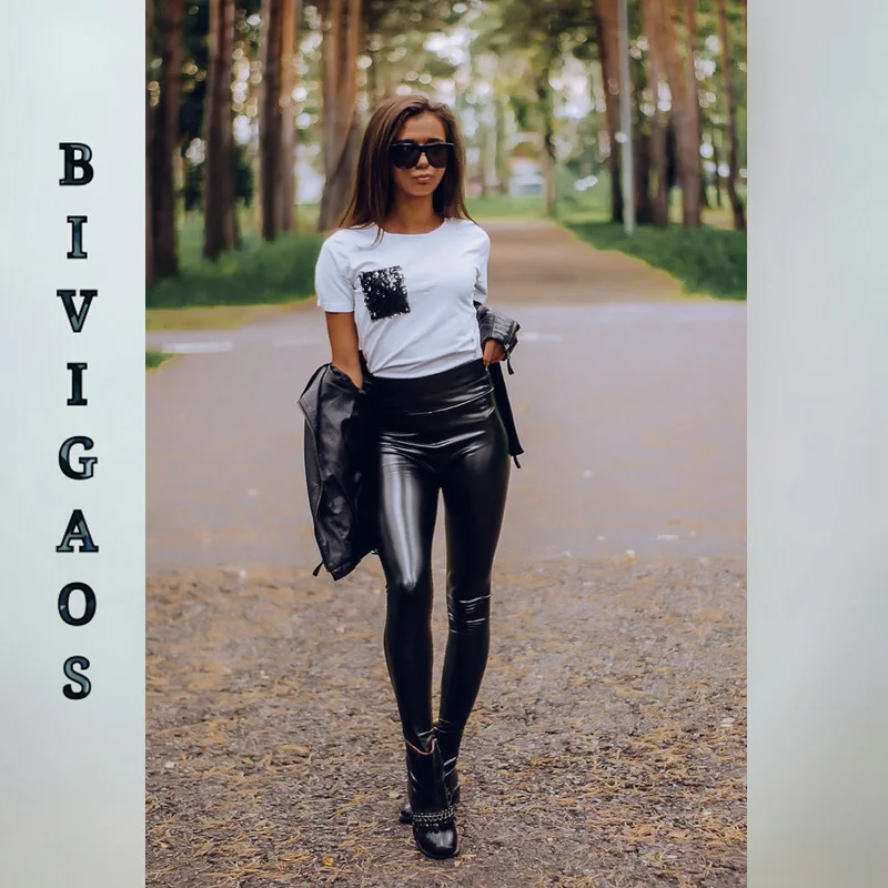 BIVIGAOS Fall Winter Women's Fleece Black Leather Pants Female PU Leggings Slim Skinny High Waist PU Leggings Trousers For Women