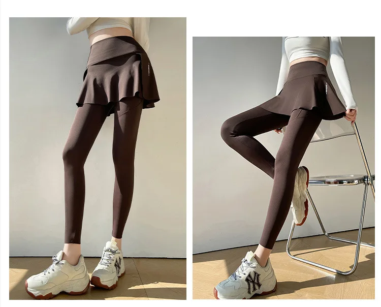 BIVIGAOS Spring New Fake Two Pieces Sharkskin Leggings Skirt Pants Women's Tight-Fitting Yoga Pantskirt Sport Fitness Leggings