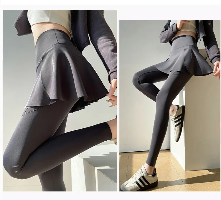 BIVIGAOS Spring New Fake Two Pieces Sharkskin Leggings Skirt Pants Women's Tight-Fitting Yoga Pantskirt Sport Fitness Leggings