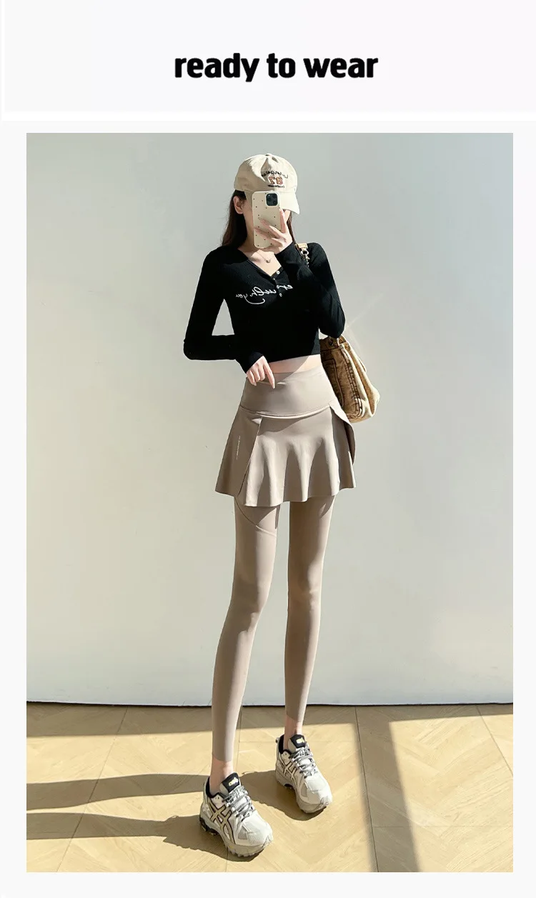 BIVIGAOS Spring New Fake Two Pieces Sharkskin Leggings Skirt Pants Women's Tight-Fitting Yoga Pantskirt Sport Fitness Leggings