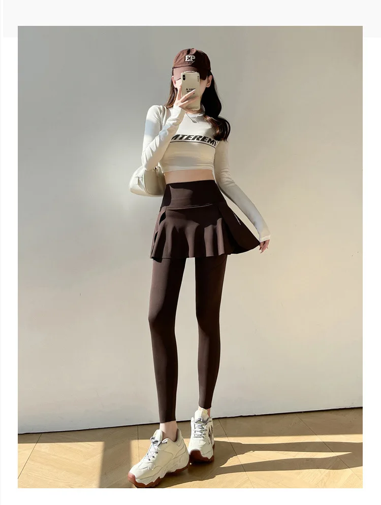 BIVIGAOS Spring New Fake Two Pieces Sharkskin Leggings Skirt Pants Women's Tight-Fitting Yoga Pantskirt Sport Fitness Leggings