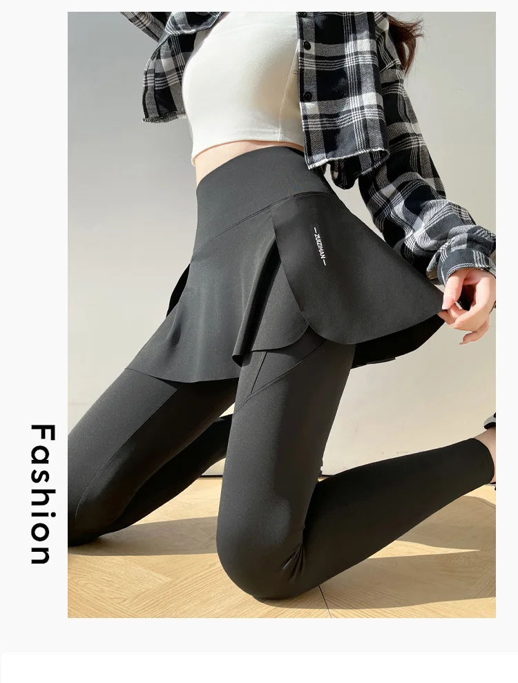 BIVIGAOS Spring New Fake Two Pieces Sharkskin Leggings Skirt Pants Women's Tight-Fitting Yoga Pantskirt Sport Fitness Leggings