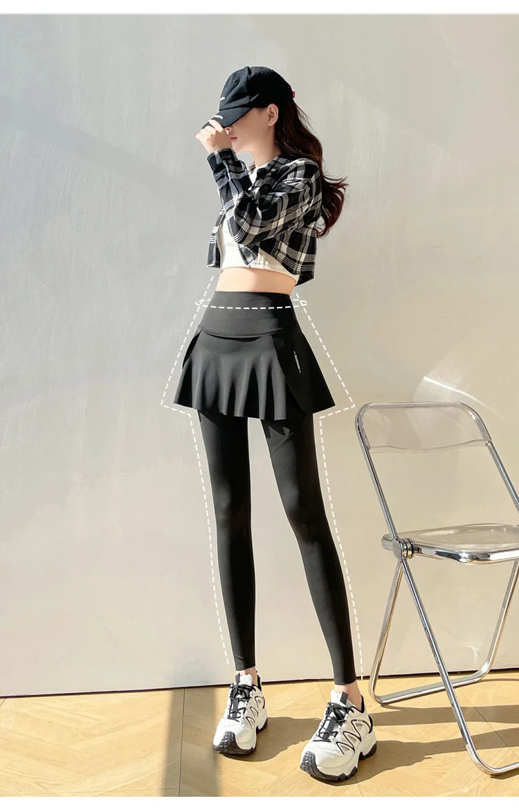 BIVIGAOS Spring New Fake Two Pieces Sharkskin Leggings Skirt Pants Women's Tight-Fitting Yoga Pantskirt Sport Fitness Leggings