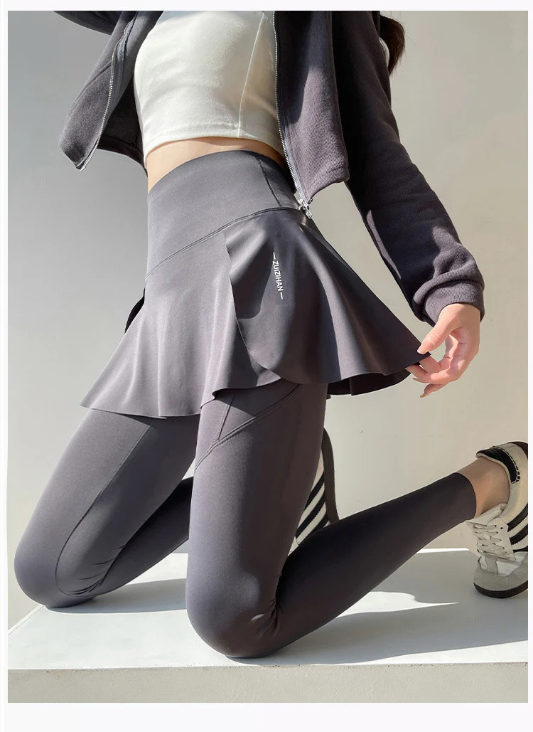 BIVIGAOS Spring New Fake Two Pieces Sharkskin Leggings Skirt Pants Women's Tight-Fitting Yoga Pantskirt Sport Fitness Leggings