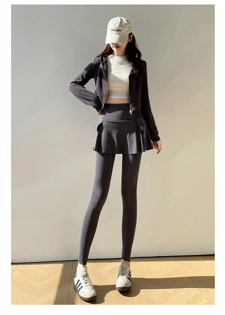 BIVIGAOS Spring New Fake Two Pieces Sharkskin Leggings Skirt Pants Women's Tight-Fitting Yoga Pantskirt Sport Fitness Leggings