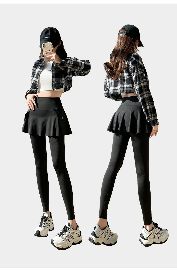 BIVIGAOS Spring New Fake Two Pieces Sharkskin Leggings Skirt Pants Women's Tight-Fitting Yoga Pantskirt Sport Fitness Leggings