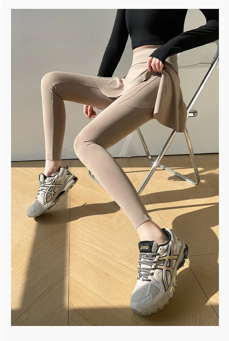 BIVIGAOS Spring New Fake Two Pieces Sharkskin Leggings Skirt Pants Women's Tight-Fitting Yoga Pantskirt Sport Fitness Leggings