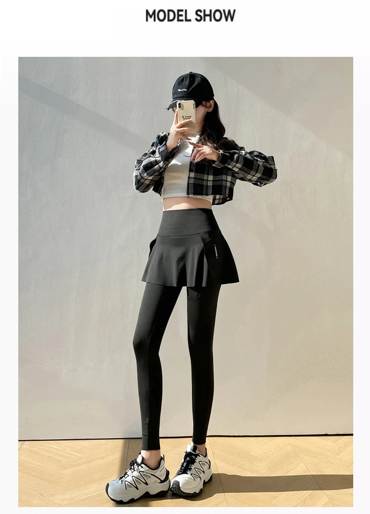 BIVIGAOS Spring New Fake Two Pieces Sharkskin Leggings Skirt Pants Women's Tight-Fitting Yoga Pantskirt Sport Fitness Leggings