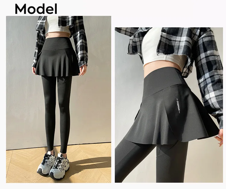 BIVIGAOS Spring New Fake Two Pieces Sharkskin Leggings Skirt Pants Women's Tight-Fitting Yoga Pantskirt Sport Fitness Leggings