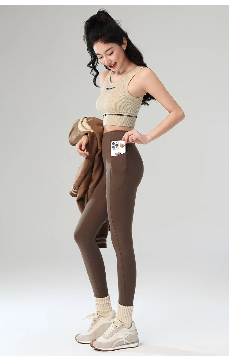 BIVIGAOS Autumn Winter Fleece Pocket Sharkskin Leggings Women High Waist Tight-Fit Velvet Thickened Warm Sports Running Leggings