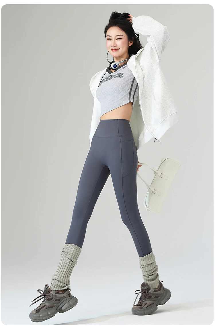 BIVIGAOS Autumn Winter Fleece Pocket Sharkskin Leggings Women High Waist Tight-Fit Velvet Thickened Warm Sports Running Leggings