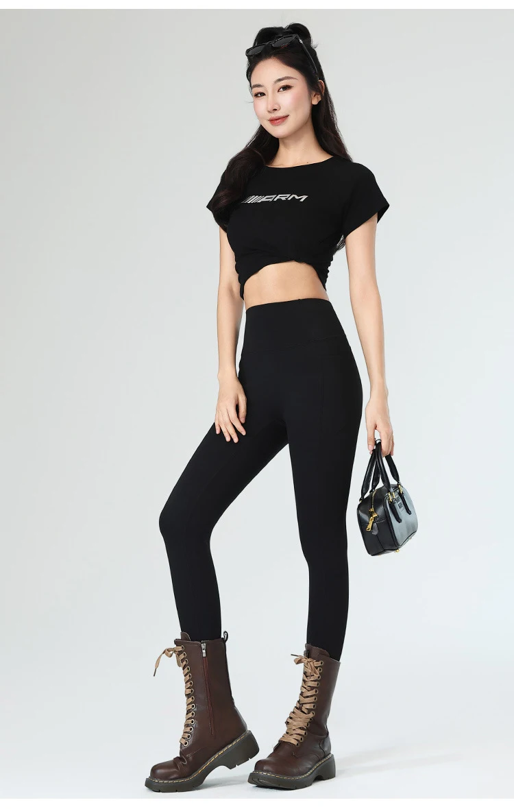 BIVIGAOS Autumn Winter Fleece Pocket Sharkskin Leggings Women High Waist Tight-Fit Velvet Thickened Warm Sports Running Leggings