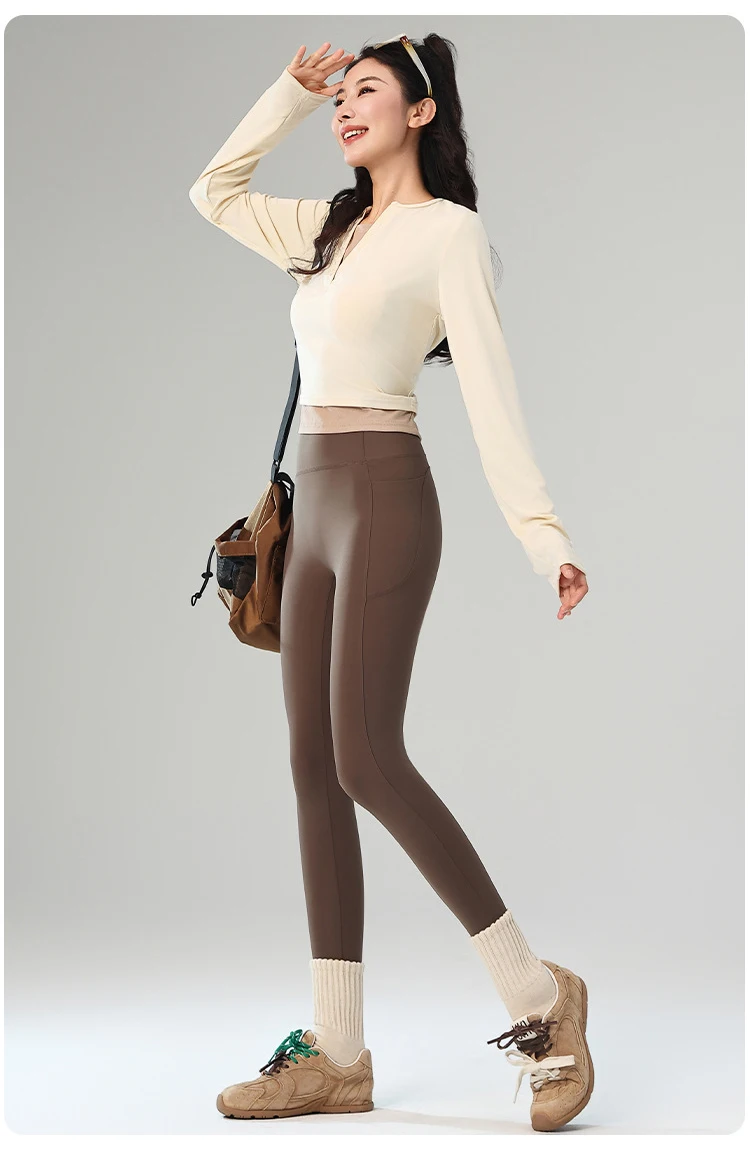 BIVIGAOS Autumn Winter Fleece Pocket Sharkskin Leggings Women High Waist Tight-Fit Velvet Thickened Warm Sports Running Leggings
