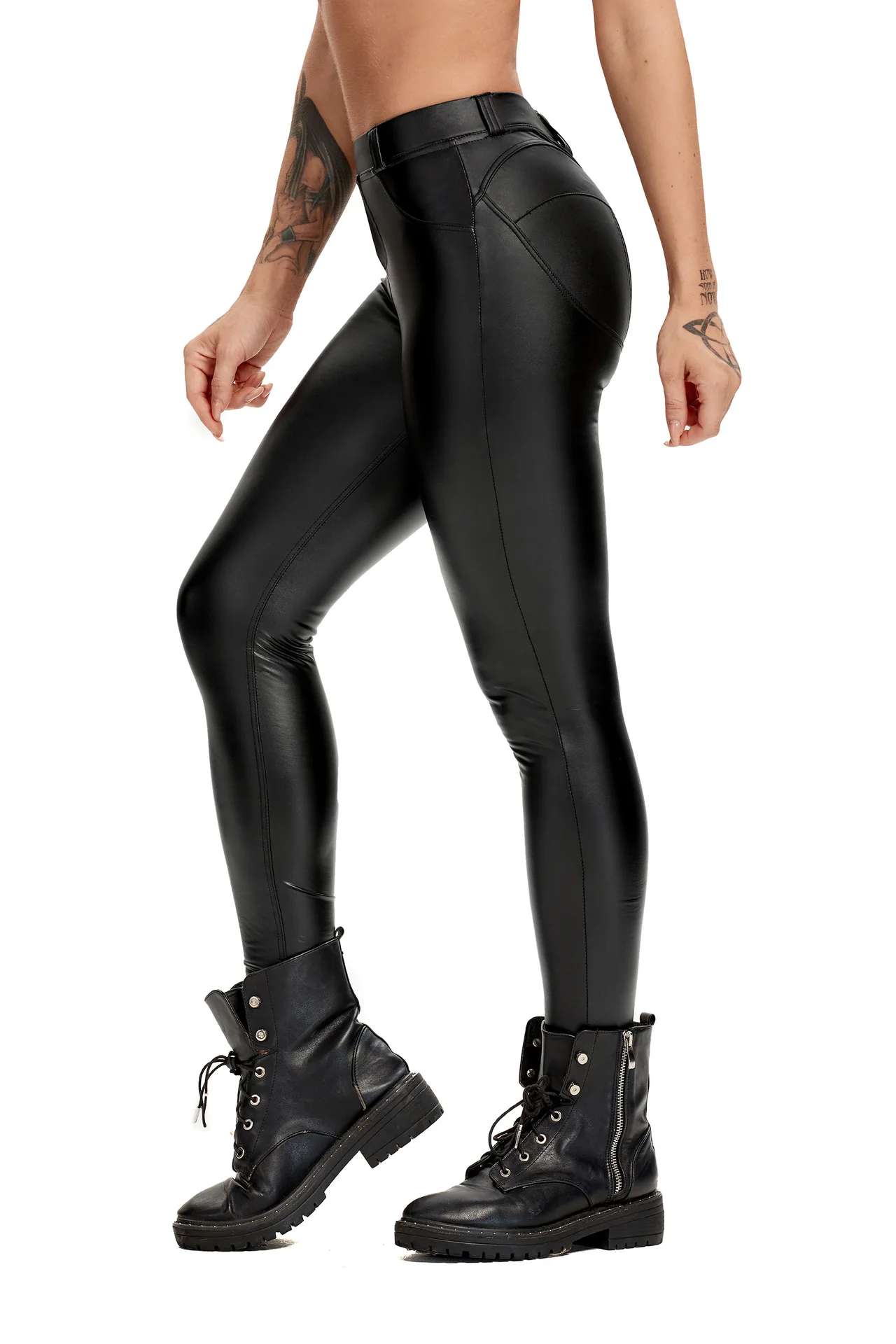 PU Leather Women Pants High Elastic Thickened Yoga Tight Sports Leggings Popular Pocket Black European New Design