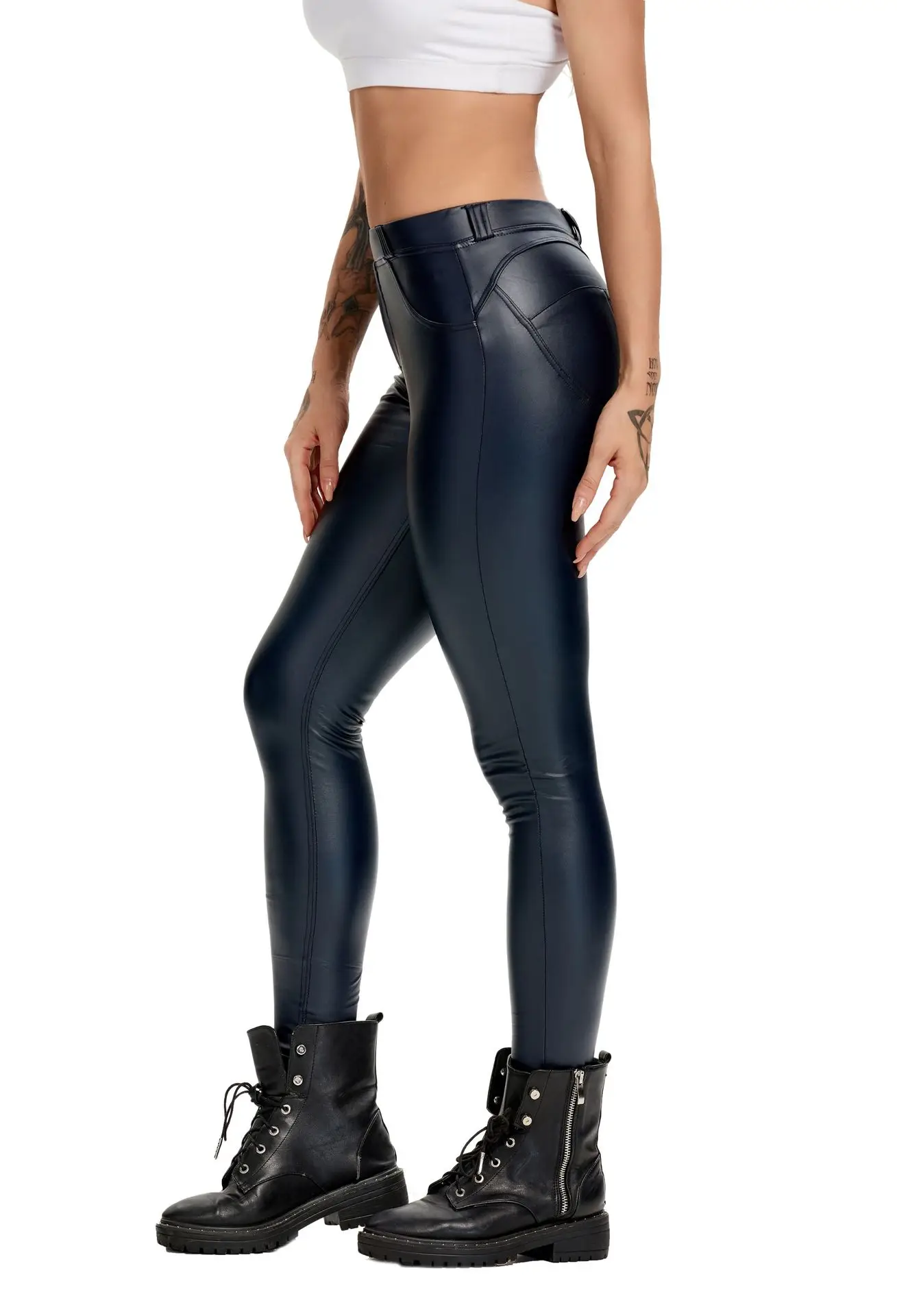 PU Leather Women Pants High Elastic Thickened Yoga Tight Sports Leggings Popular Pocket Black European New Design