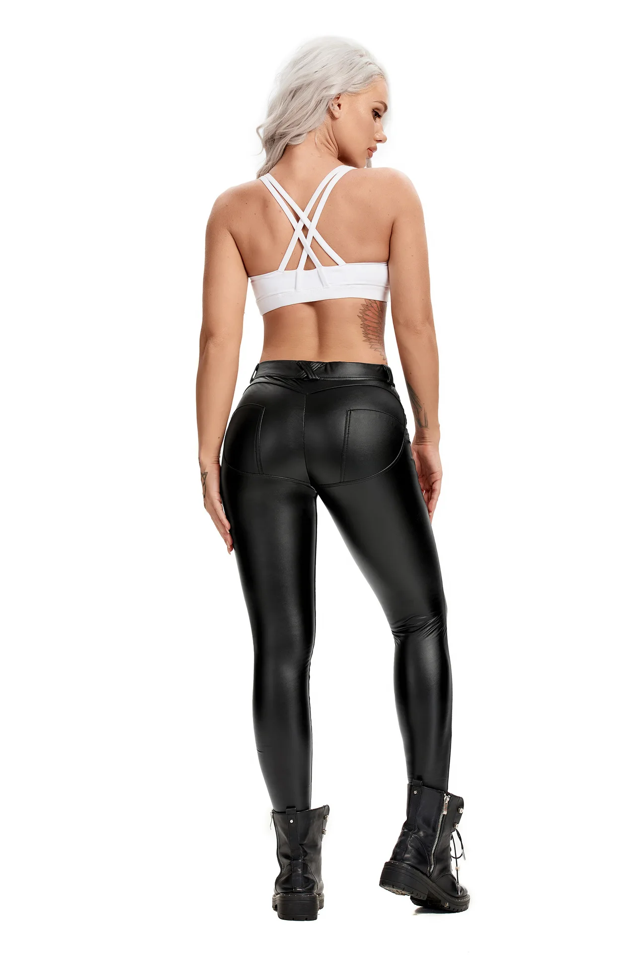 PU Leather Women Pants High Elastic Thickened Yoga Tight Sports Leggings Popular Pocket Black European New Design