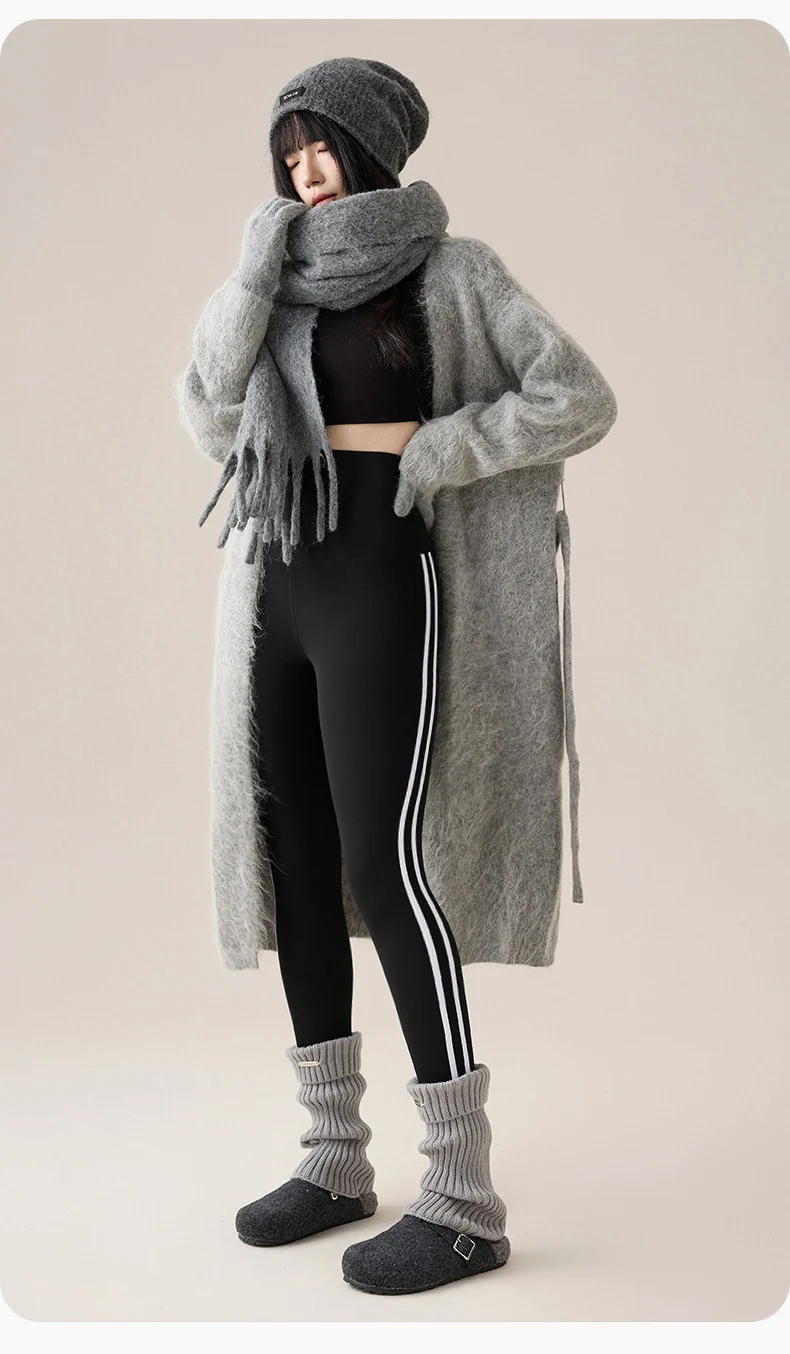BIVIGAOS New Autumn White Striped Light Fleece Leggings Women Winter Pants High Waist Slim Velvet Thick Sport Warm Leggings