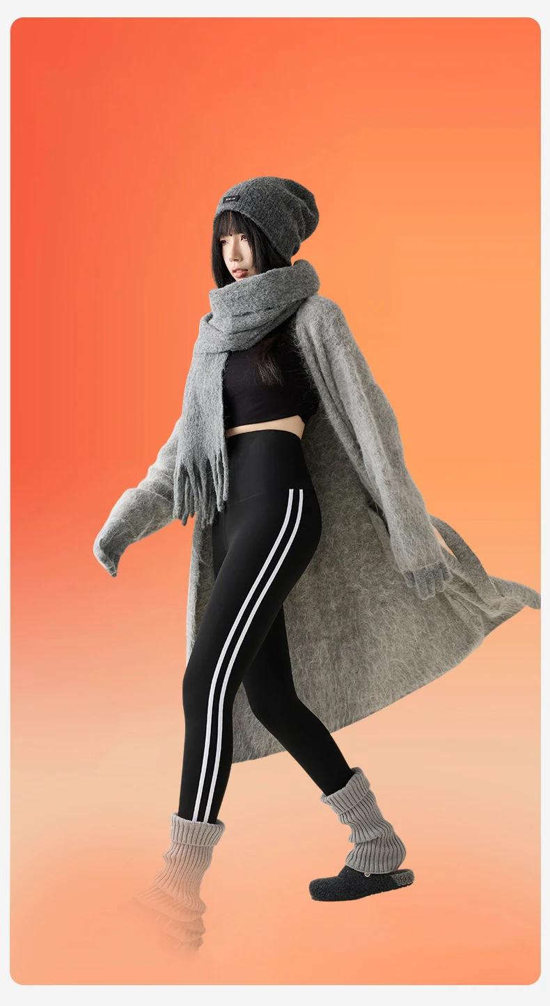 BIVIGAOS New Autumn White Striped Light Fleece Leggings Women Winter Pants High Waist Slim Velvet Thick Sport Warm Leggings