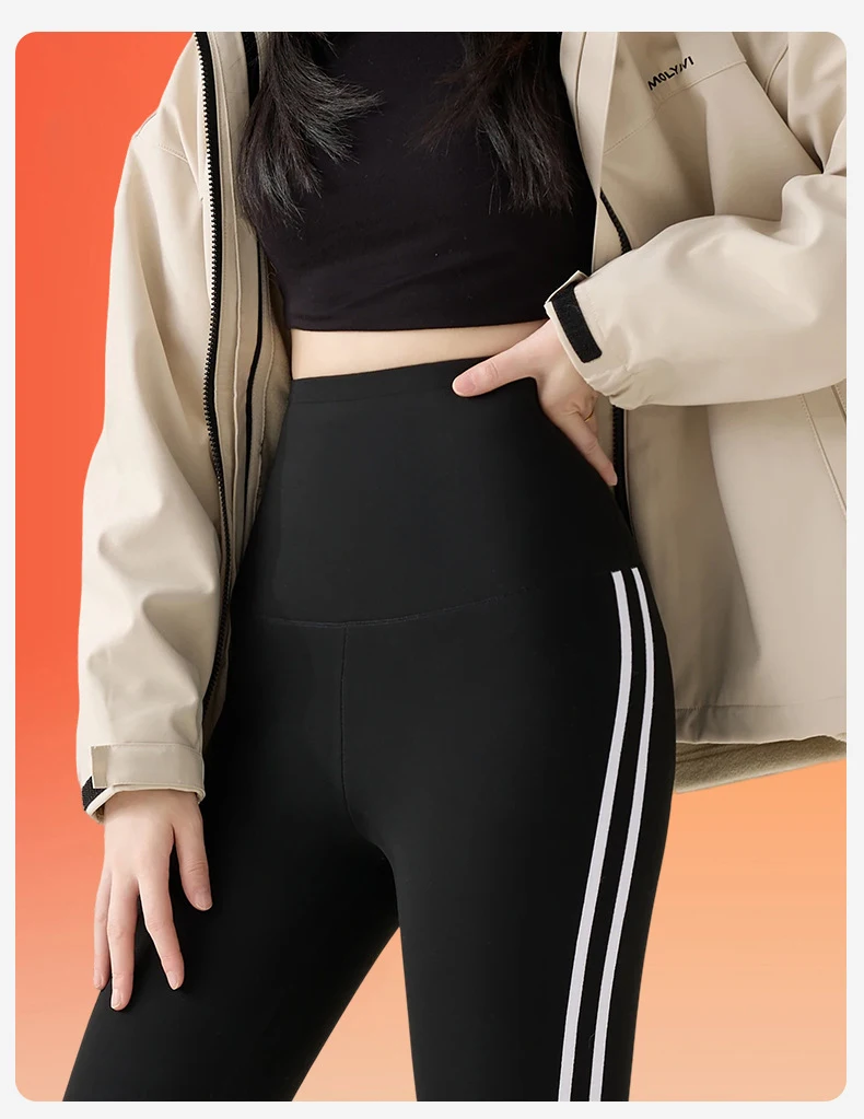BIVIGAOS New Autumn White Striped Light Fleece Leggings Women Winter Pants High Waist Slim Velvet Thick Sport Warm Leggings