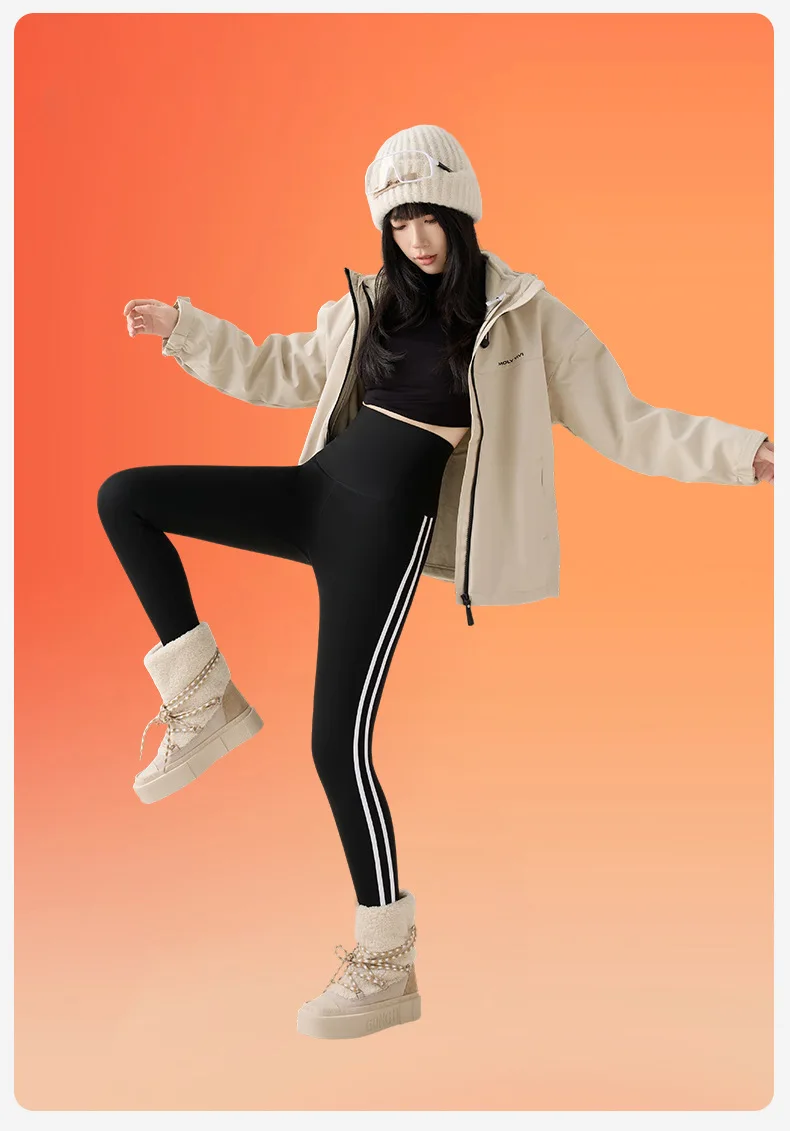 BIVIGAOS New Autumn White Striped Light Fleece Leggings Women Winter Pants High Waist Slim Velvet Thick Sport Warm Leggings