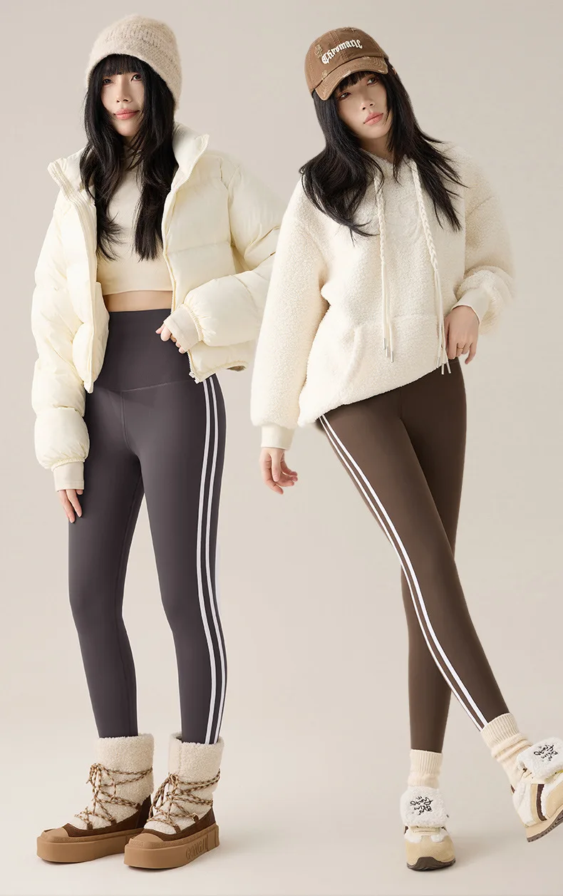 BIVIGAOS New Autumn White Striped Light Fleece Leggings Women Winter Pants High Waist Slim Velvet Thick Sport Warm Leggings