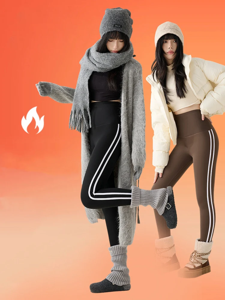 BIVIGAOS New Autumn White Striped Light Fleece Leggings Women Winter Pants High Waist Slim Velvet Thick Sport Warm Leggings