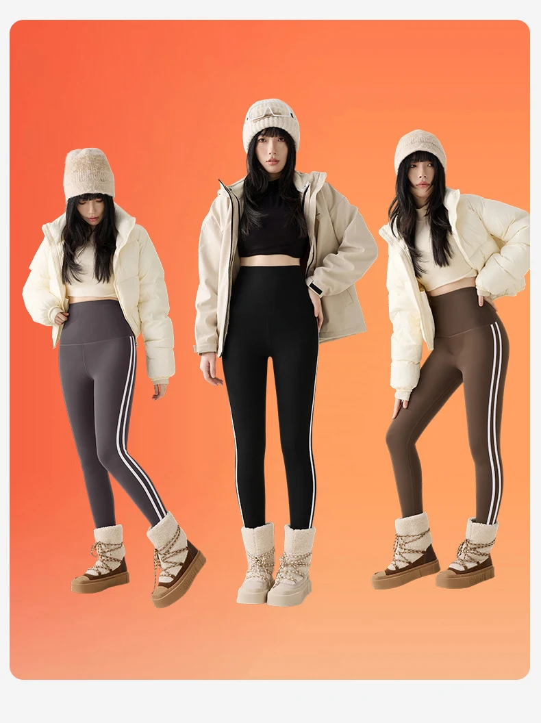 BIVIGAOS New Autumn White Striped Light Fleece Leggings Women Winter Pants High Waist Slim Velvet Thick Sport Warm Leggings