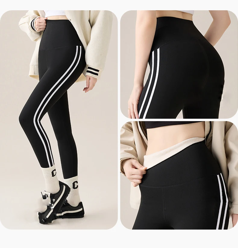 BIVIGAOS New Autumn White Striped Light Fleece Leggings Women Winter Pants High Waist Slim Velvet Thick Sport Warm Leggings