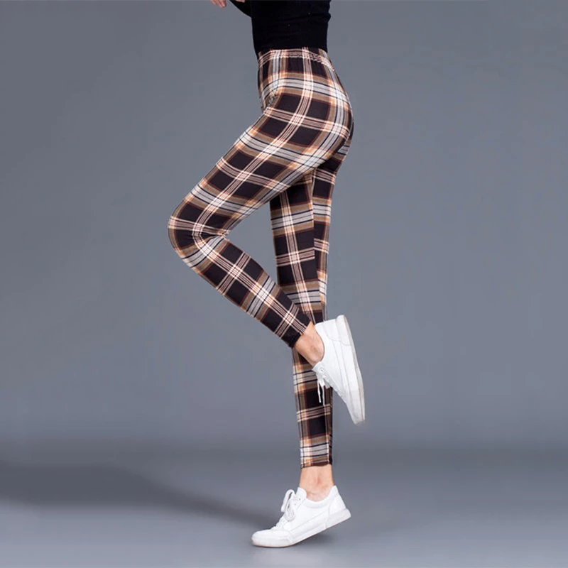 BornToGirl Sexy Tights Leggings Women Autumn Winter Slim High Waist Black Blue Red Brown Khaki Plaid Skinny Pants Leggings Pants