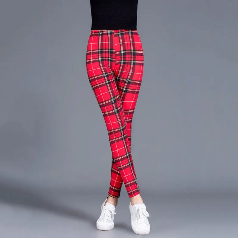 BornToGirl Sexy Tights Leggings Women Autumn Winter Slim High Waist Black Blue Red Brown Khaki Plaid Skinny Pants Leggings Pants