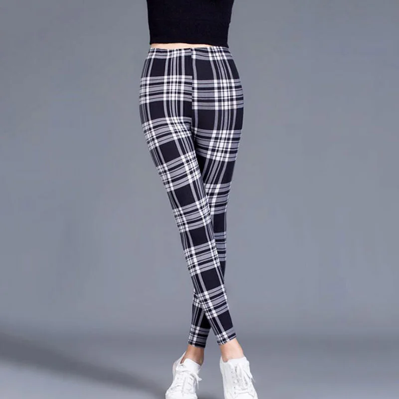 BornToGirl Sexy Tights Leggings Women Autumn Winter Slim High Waist Black Blue Red Brown Khaki Plaid Skinny Pants Leggings Pants
