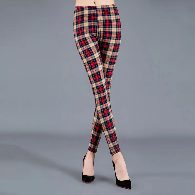 BornToGirl Sexy Tights Leggings Women Autumn Winter Slim High Waist Black Blue Red Brown Khaki Plaid Skinny Pants Leggings Pants
