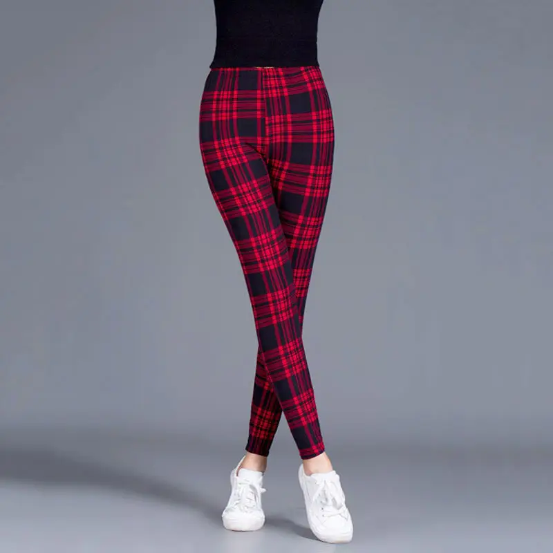 BornToGirl Sexy Tights Leggings Women Autumn Winter Slim High Waist Black Blue Red Brown Khaki Plaid Skinny Pants Leggings Pants