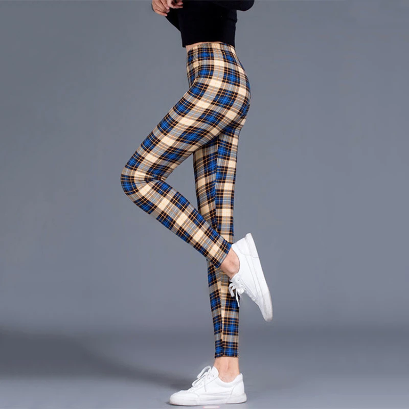 BornToGirl Sexy Tights Leggings Women Autumn Winter Slim High Waist Black Blue Red Brown Khaki Plaid Skinny Pants Leggings Pants