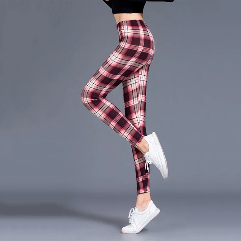 BornToGirl Sexy Tights Leggings Women Autumn Winter Slim High Waist Black Blue Red Brown Khaki Plaid Skinny Pants Leggings Pants