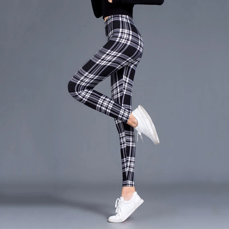 BornToGirl Sexy Tights Leggings Women Autumn Winter Slim High Waist Black Blue Red Brown Khaki Plaid Skinny Pants Leggings Pants
