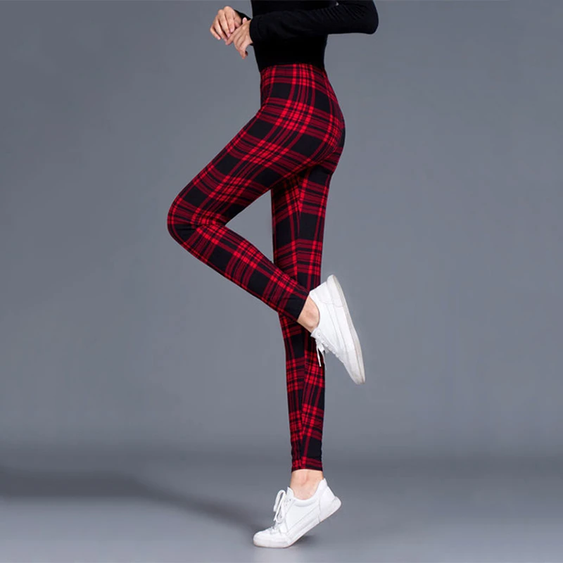 BornToGirl Sexy Tights Leggings Women Autumn Winter Slim High Waist Black Blue Red Brown Khaki Plaid Skinny Pants Leggings Pants
