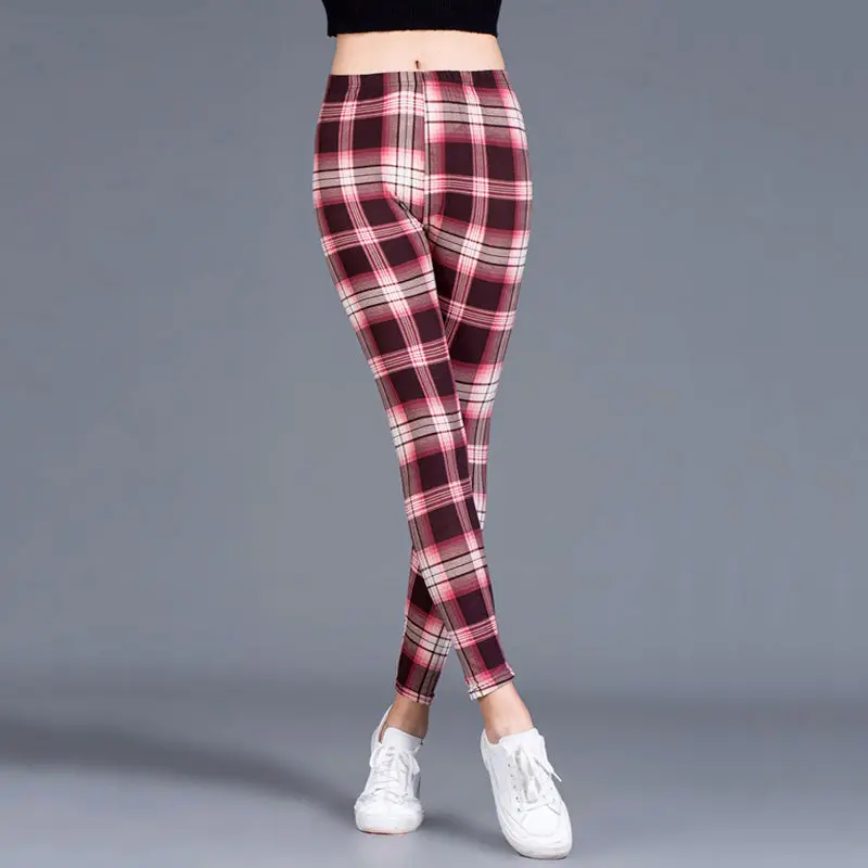 BornToGirl Sexy Tights Leggings Women Autumn Winter Slim High Waist Black Blue Red Brown Khaki Plaid Skinny Pants Leggings Pants
