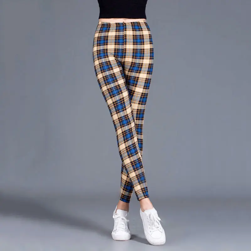 BornToGirl Sexy Tights Leggings Women Autumn Winter Slim High Waist Black Blue Red Brown Khaki Plaid Skinny Pants Leggings Pants