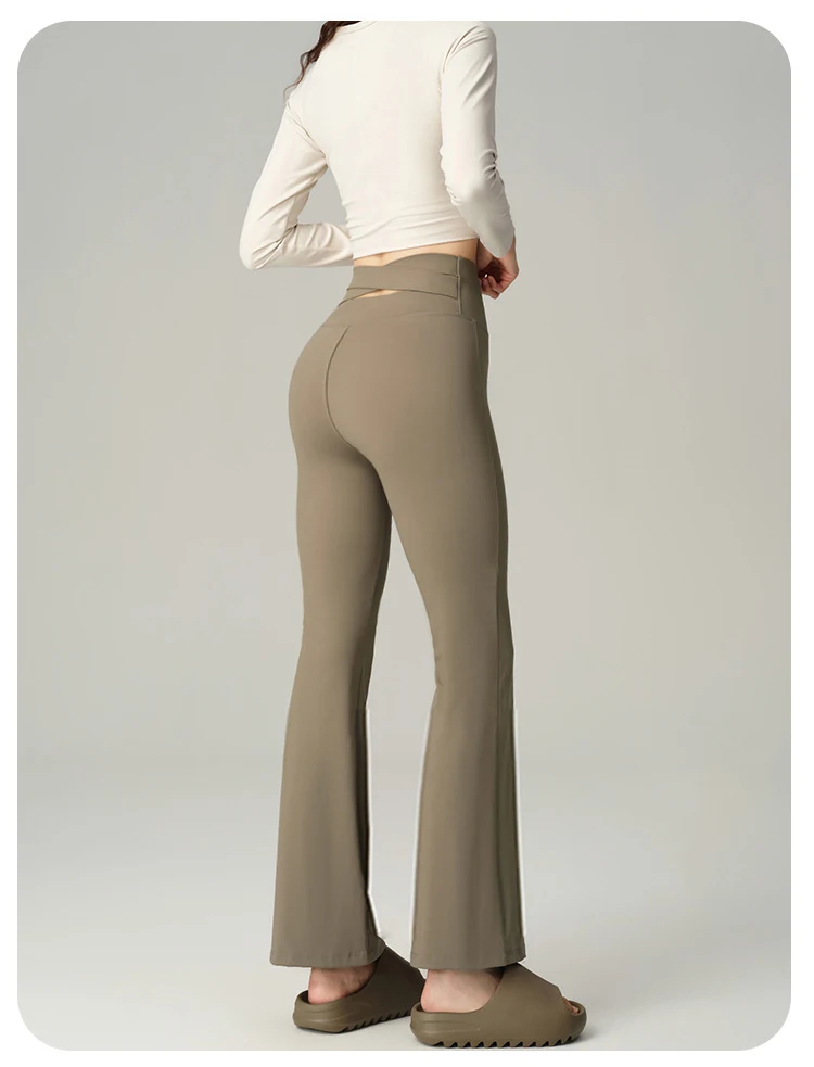 BIVIGAOS Spring Back Waist Hollow Cross Flared Leggings Women High Waist Elastic Sport Fitness Sharkskin Tight Yoga Flared Pants