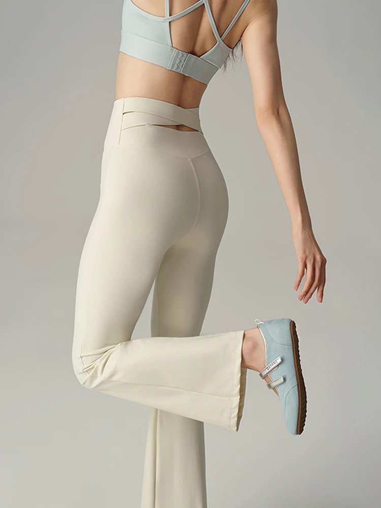 BIVIGAOS Spring Back Waist Hollow Cross Flared Leggings Women High Waist Elastic Sport Fitness Sharkskin Tight Yoga Flared Pants