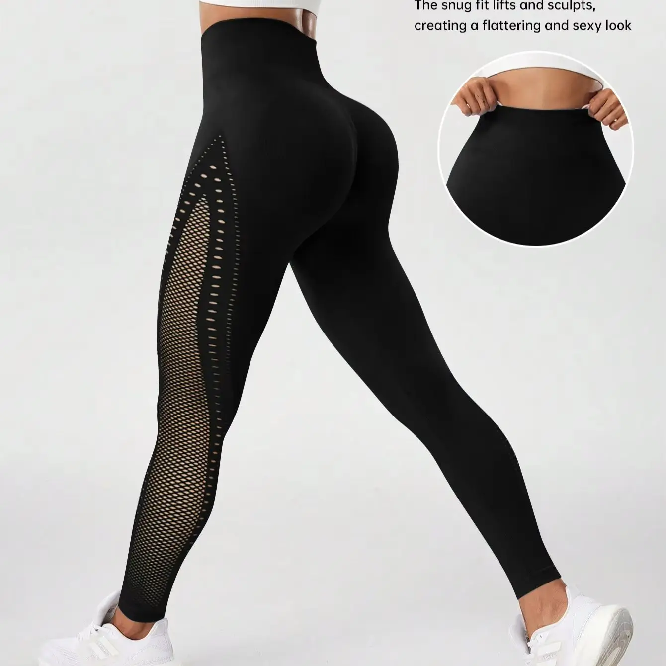 Women Seamless Hole Gym Leggings High Waist Scrunch Butt Sports Leggings Hollow Out Fitness Workout Running Yoga Pants
