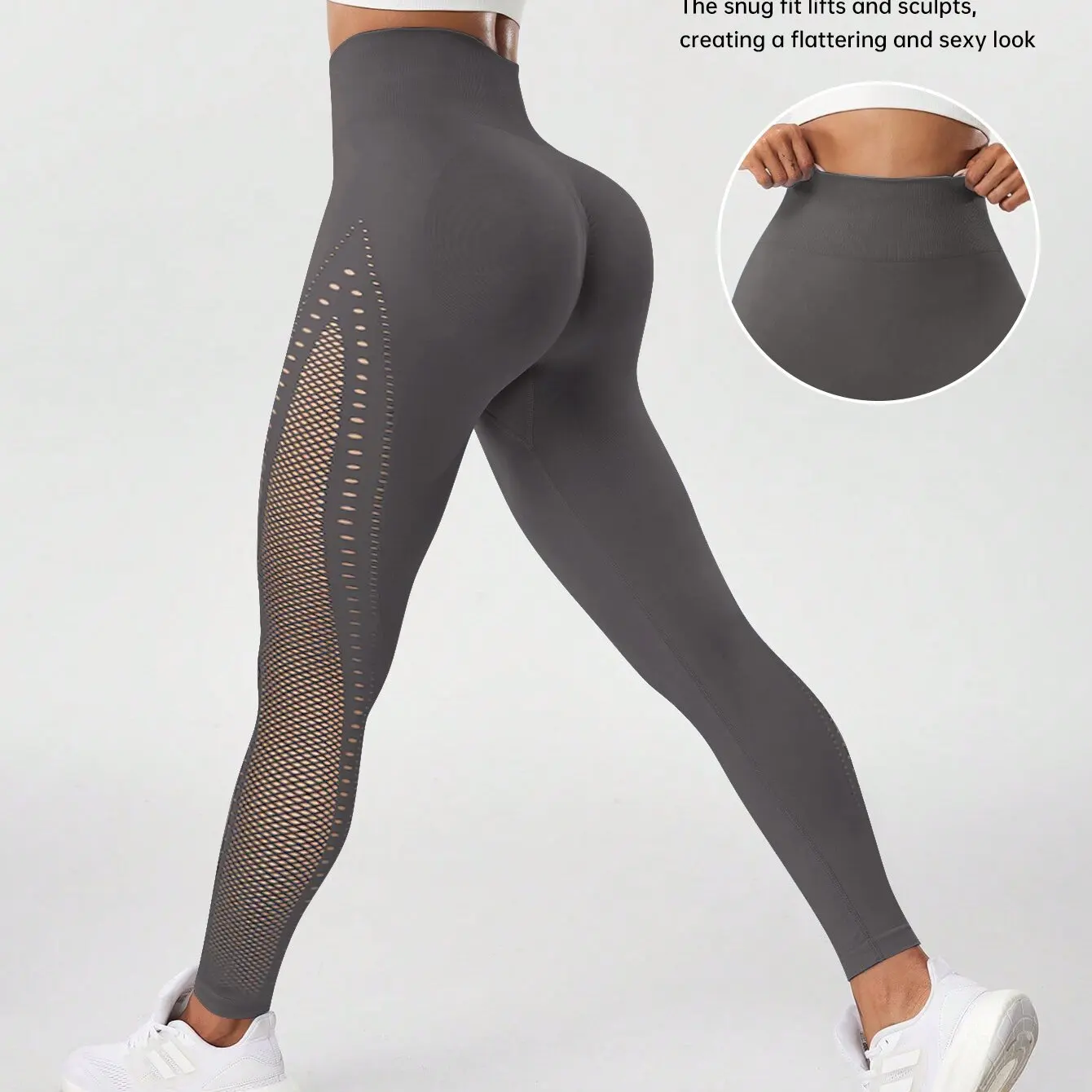 Women Seamless Hole Gym Leggings High Waist Scrunch Butt Sports Leggings Hollow Out Fitness Workout Running Yoga Pants