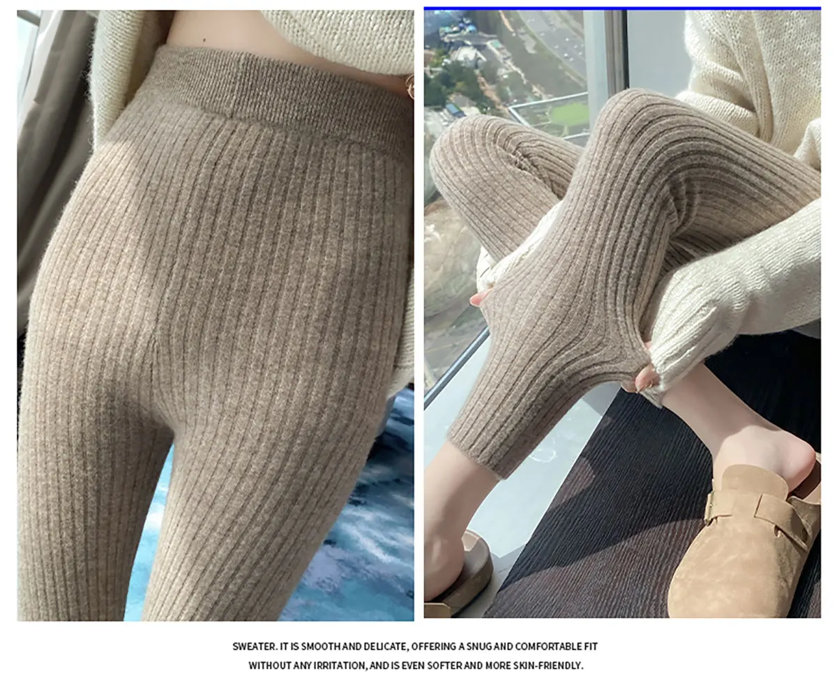 Autumn Winter 100% Merino Wool Leggings for Women Thickening Leggings Small Feet Pencil Pants Outdoor Casual Stretchy Pants