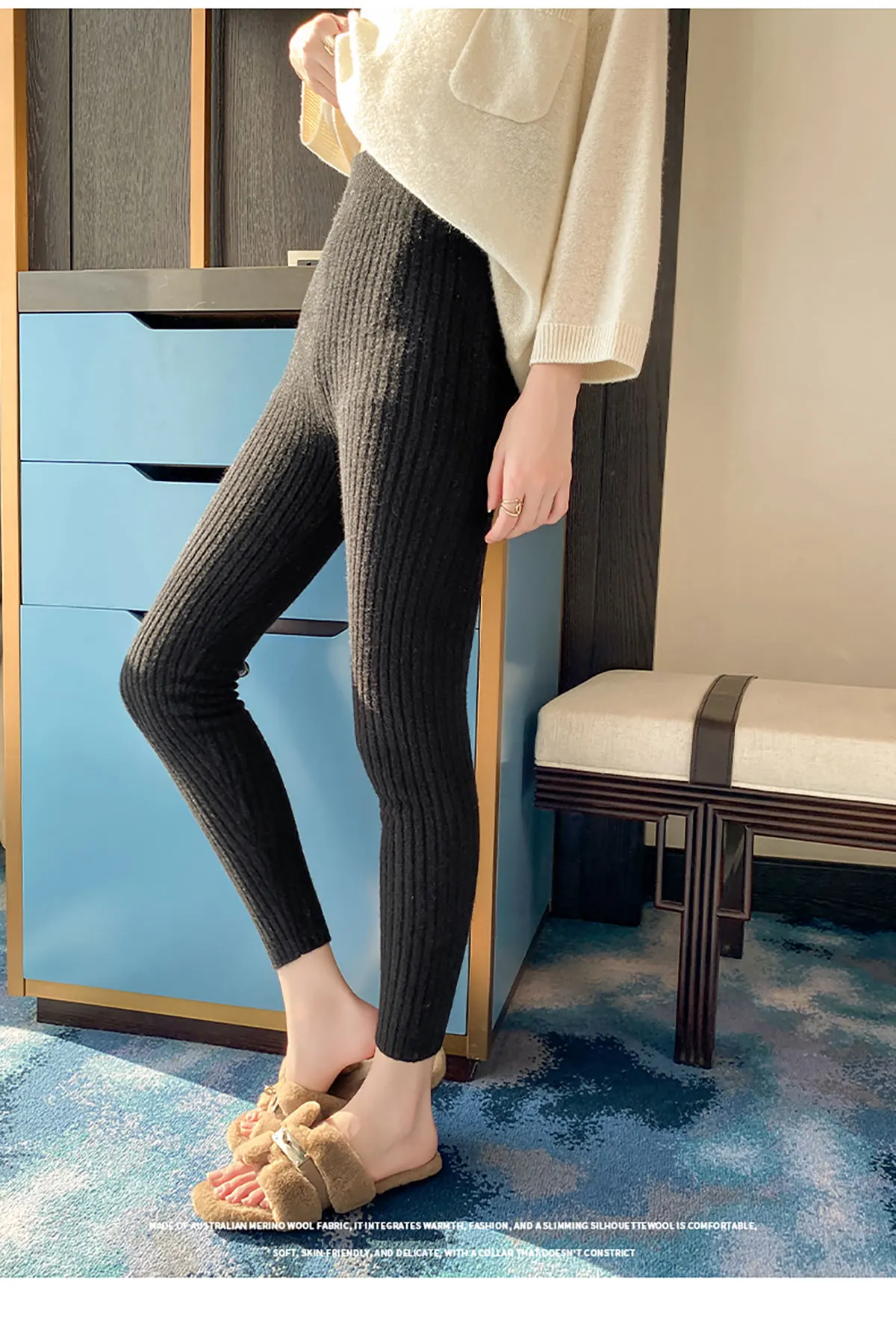 Autumn Winter 100% Merino Wool Leggings for Women Thickening Leggings Small Feet Pencil Pants Outdoor Casual Stretchy Pants