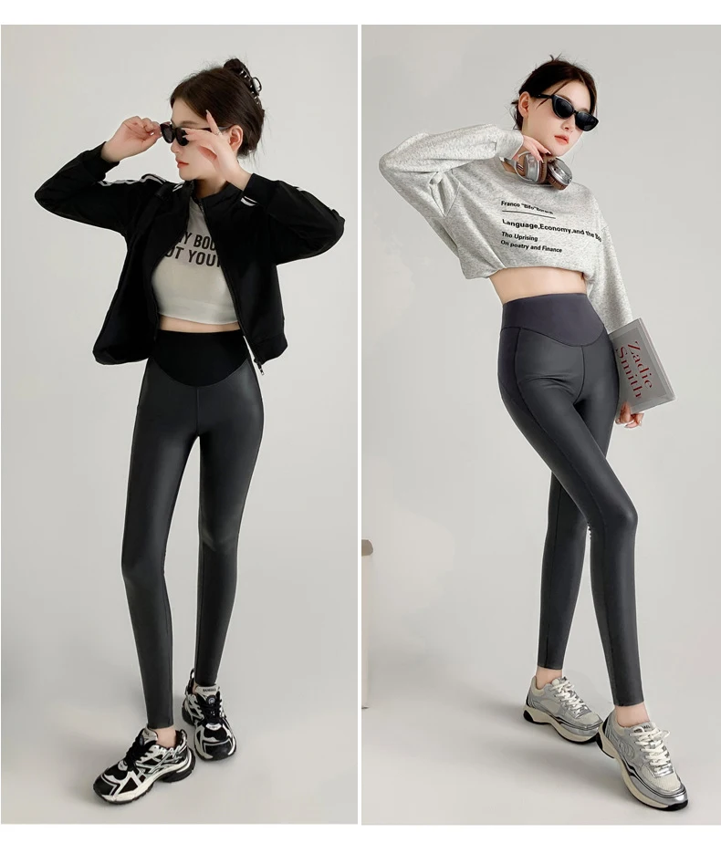 BIVIGAOS Fall New Tight Stretch Leather Pants Women Sharkskin High Waist Splicing PU Leather Fleece Sexy Leggings Winter Warm