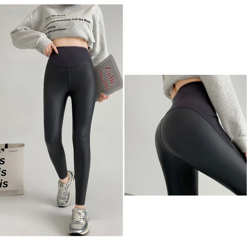 BIVIGAOS Fall New Tight Stretch Leather Pants Women Sharkskin High Waist Splicing PU Leather Fleece Sexy Leggings Winter Warm