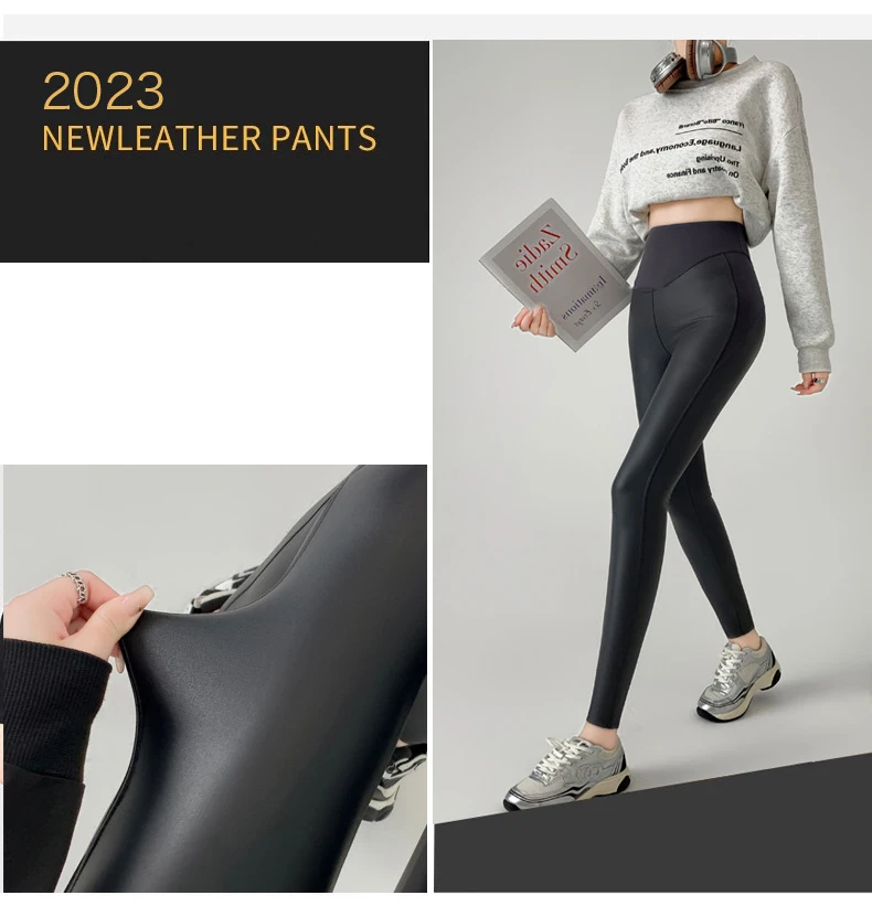 BIVIGAOS Fall New Tight Stretch Leather Pants Women Sharkskin High Waist Splicing PU Leather Fleece Sexy Leggings Winter Warm