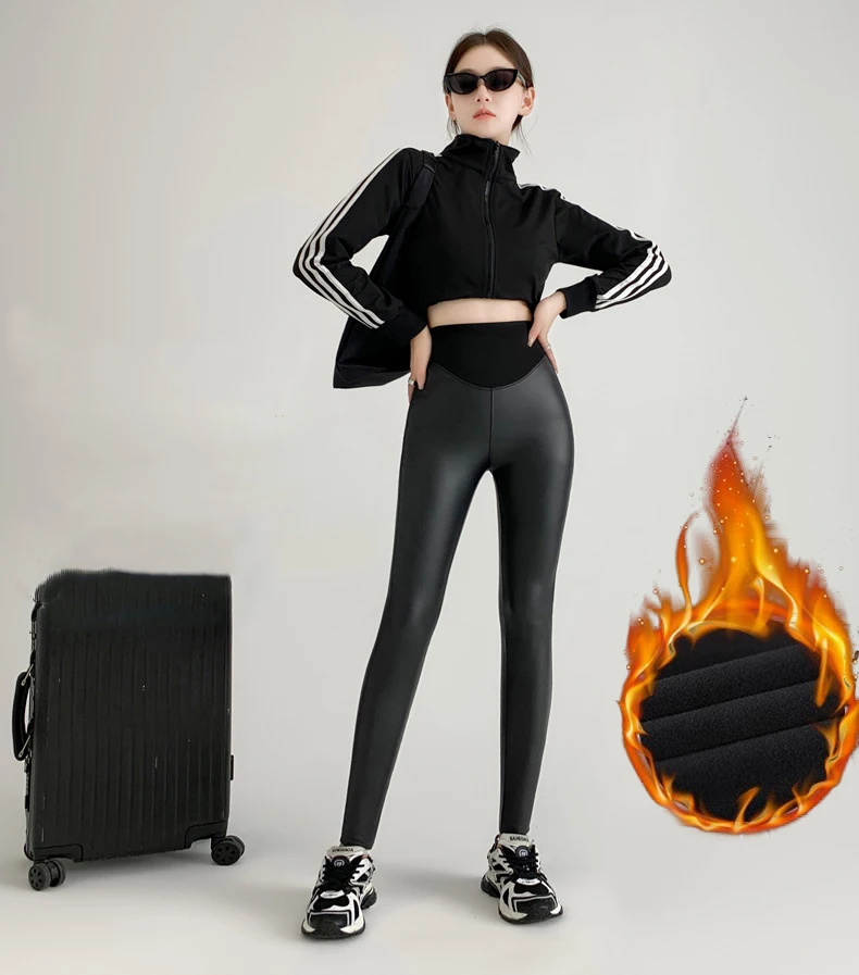 BIVIGAOS Fall New Tight Stretch Leather Pants Women Sharkskin High Waist Splicing PU Leather Fleece Sexy Leggings Winter Warm