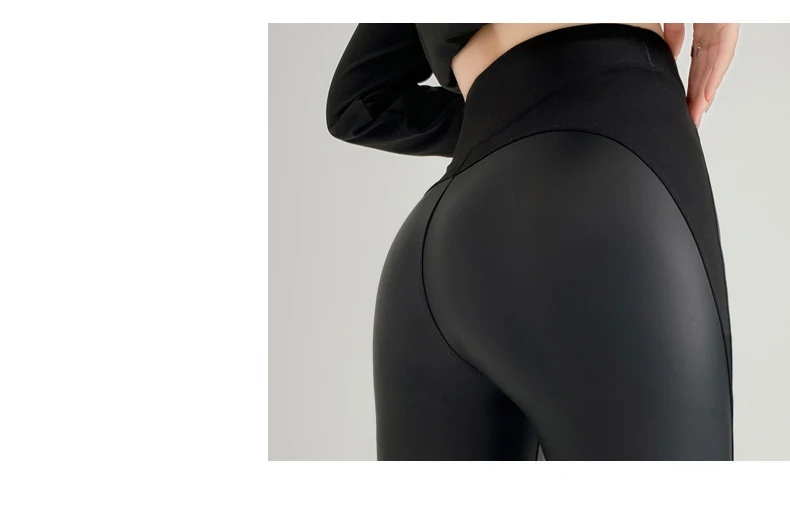 BIVIGAOS Fall New Tight Stretch Leather Pants Women Sharkskin High Waist Splicing PU Leather Fleece Sexy Leggings Winter Warm